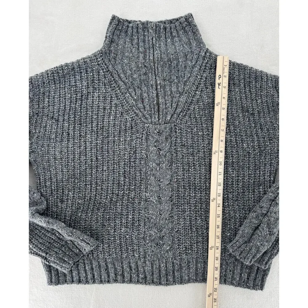 PrAna Womens Gray Cableknit Sweater Wool Blend Mock Neck 1/4 Zip M Cabincore - Picture 9 of 11